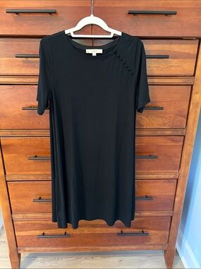 LOFT Black Short-Sleeve A-Line Dress with Button Detail